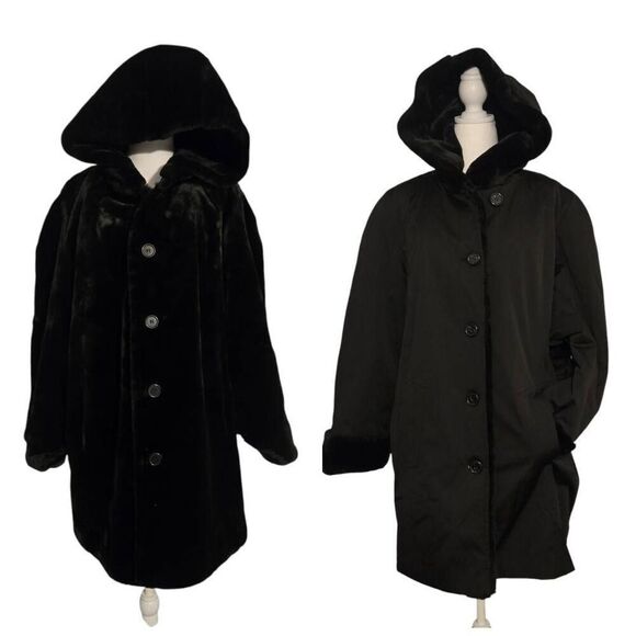 Gallery Woman Women's Size 1X Black Reversible Faux Fur Hooded Knee Length Coat - Picture 1 of 9